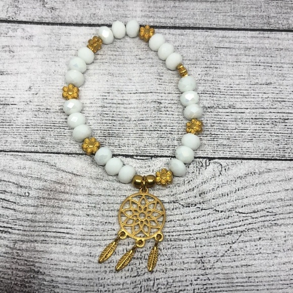 WHITE crystal or stone heart dreamcatcher charm layer stackable bracelets boho. - Picture 2 of 4